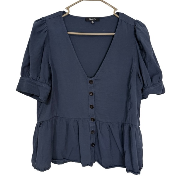 Madewell Navy Peplum Button Front Puff Sleeve Blouse Size M Viscose Top - Picture 4 of 7